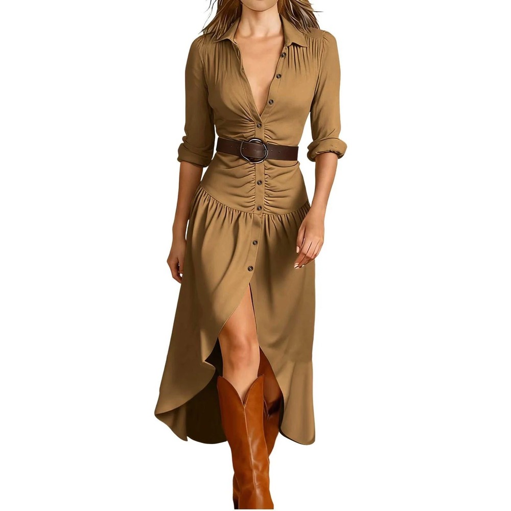 FME Tan Ruched Button Down High Low Midi Shirt Dress with Belt Brown Medium